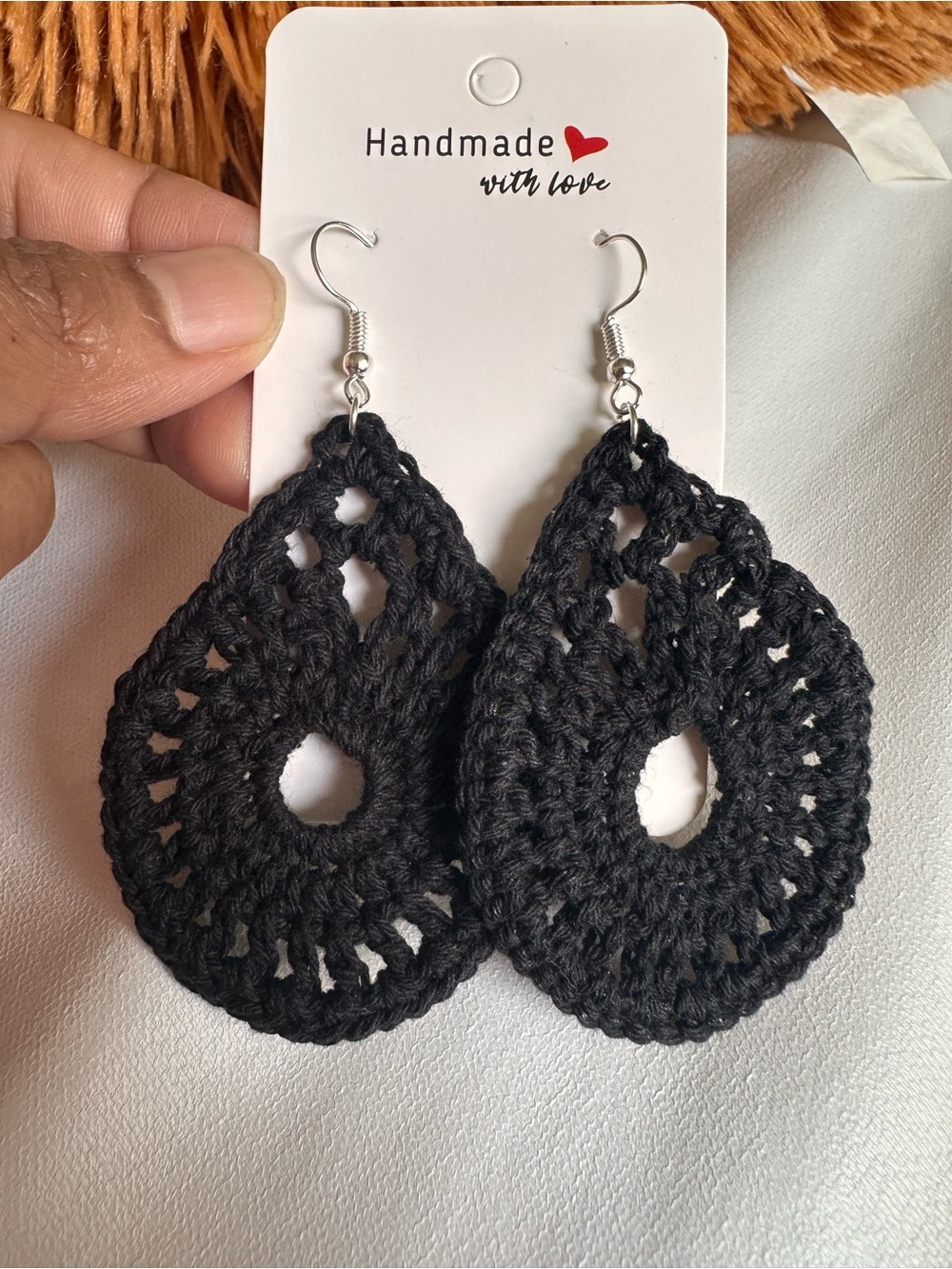 Handmade Black Crochet Teardrop Earrings - Handmade with Love